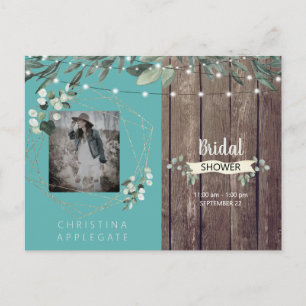 Rustic Lights & Wood Photo Turquoise Bridal Shower Invitation Postcard