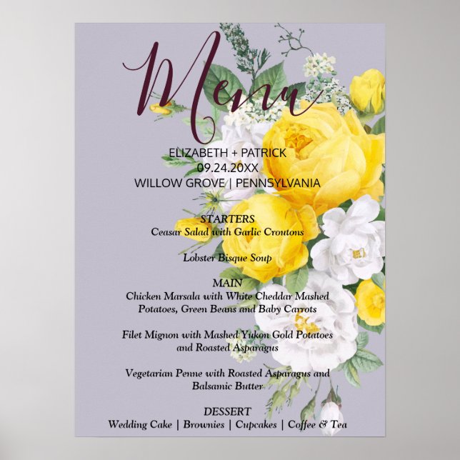 Rustic lights Yellow Floral  Menu Sign (Front)