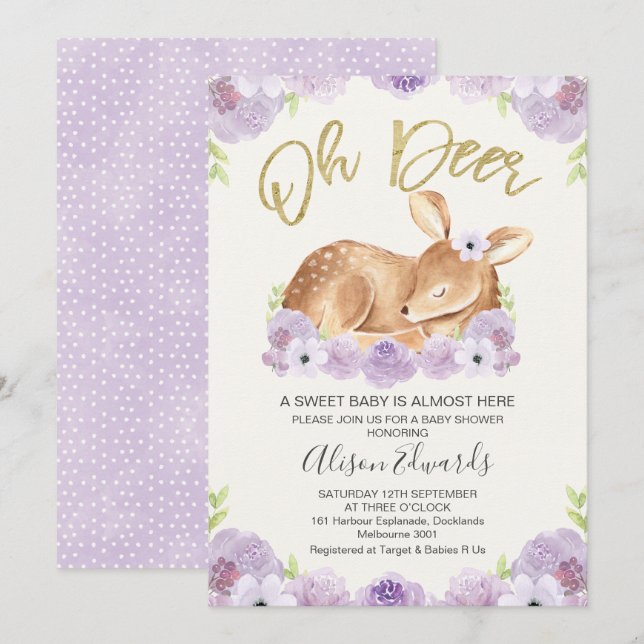 Rustic Lilac Floral Deer Baby Shower Invitation (Front/Back)