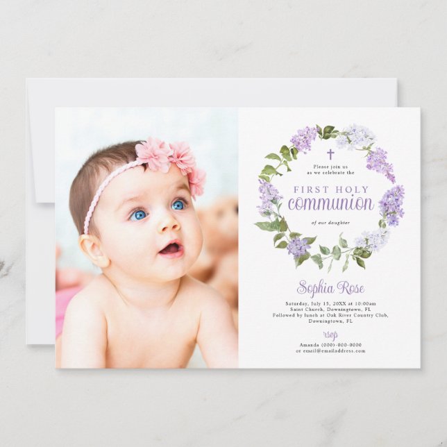Rustic Lilac Flowers Photo First Holy Communion Invitation (Front)