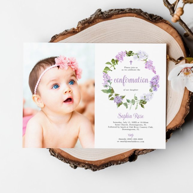 Rustic Lilac Flowers Photo Girl Confirmation  Invitation (Creator Uploaded)