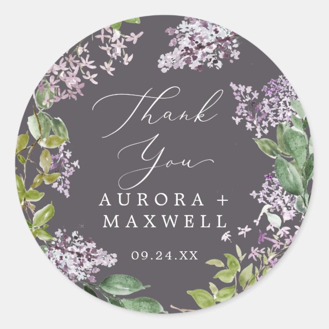 Rustic Lilac | Grey Thank You Wedding Favour Classic Round Sticker (Front)