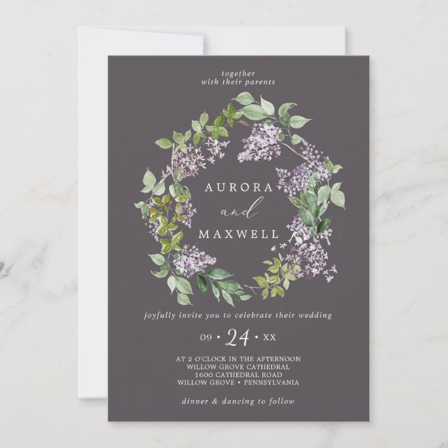 Rustic Lilac | Grey Wreath Wedding Invitation (Front)