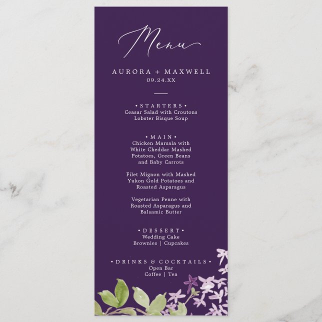 Rustic Lilac | Purple Wedding Dinner Menu (Front)