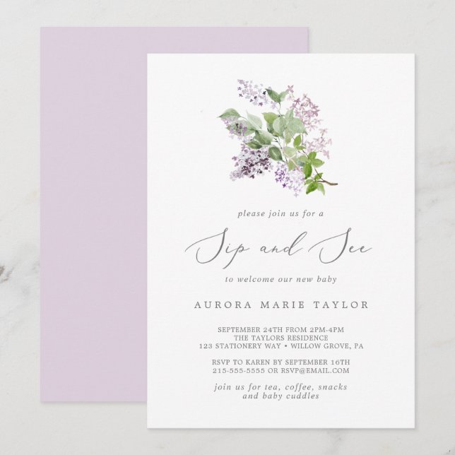 Rustic Lilac Sip and See Invitation (Front/Back)