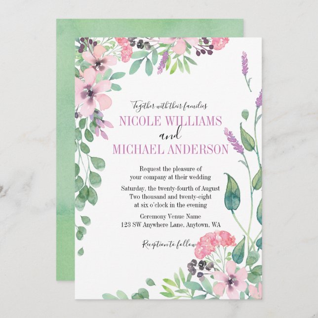 RUSTIC Lilac watercolor peony Foliage WEDDING Invitation (Front/Back)