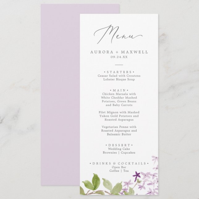 Rustic Lilac Wedding Dinner Menu (Front/Back)