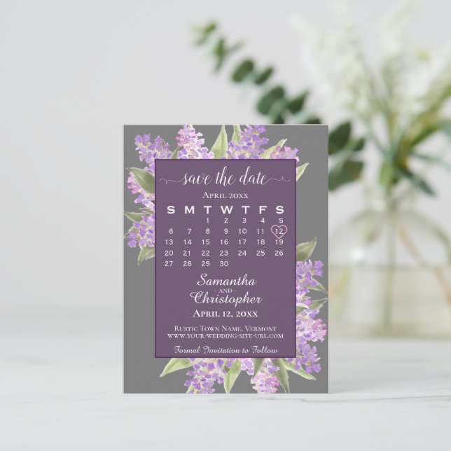 Rustic Lilacs Wedding Save the Date Calendar Grey Announcement Postcard (Standing Front)