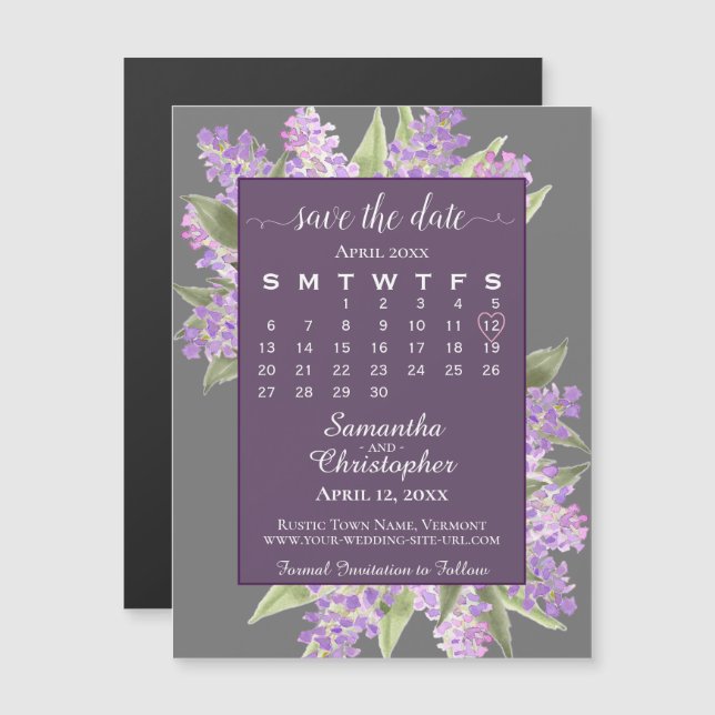 Rustic Lilacs Wedding Save the Date Calendar Grey Magnetic Invitation (Front/Back)