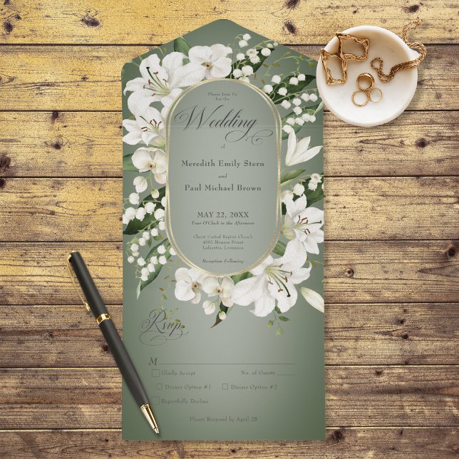 Rustic Lily of the Valley Floral Sage Dinner All In One Invitation (Also available with a QR code or without dinner selection options.)
