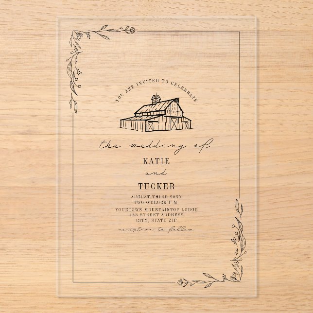 Rustic Line Art Barn Botanical Wedding Acrylic Invitations (Front)