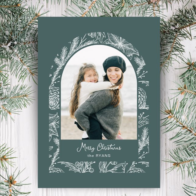 Rustic Line Drawn Christmas Botanical Arch 1-Photo Holiday Card (Creator Uploaded)