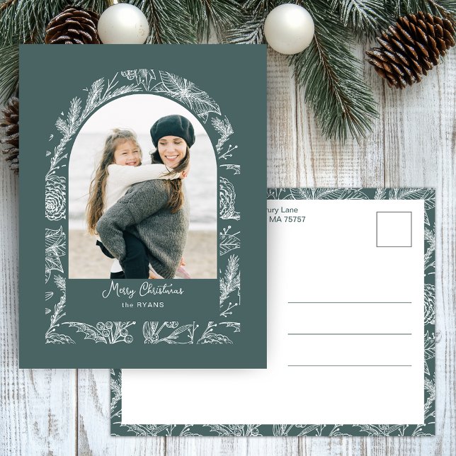 Rustic Line Drawn Christmas Botanical Arch 1-Photo Holiday Postcard (Creator Uploaded)