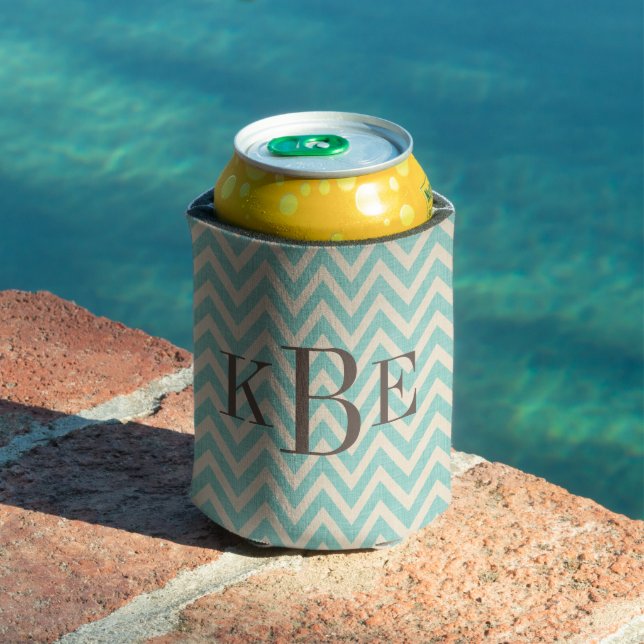 Rustic Linen Beige and Aqua Chevron Monogram Can Cooler (In Situ Pool)