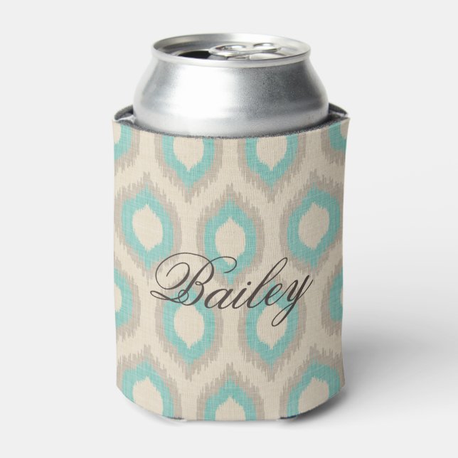 Rustic Linen Beige and Aqua Ikat Monogram Can Cooler (Can Front)