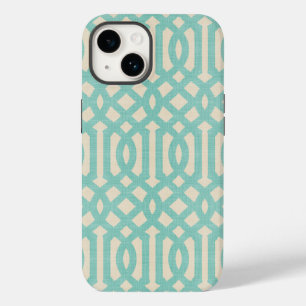 Rustic Linen Beige and Aqua Trellis iPhone 14 Case