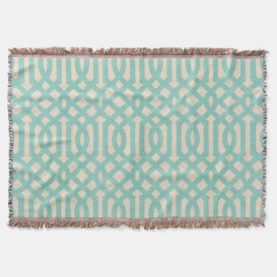 Rustic Linen Beige and Aqua Trellis Throw Blanket