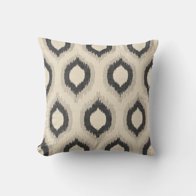 Rustic Linen Beige and Grey Ikat Print Throw Pillow (Front)