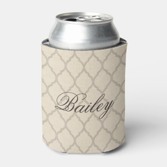 Rustic Linen Beige and Taupe Quatrefoil Monogram Can Cooler (Can Front)