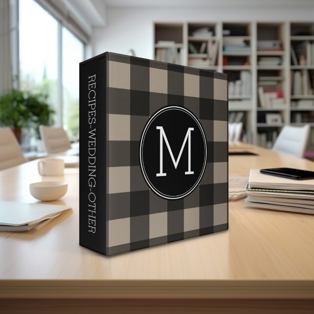 Rustic Linen Black Buffalo Plaid gingham Monogram Binder (Personalized 3-ring Binder with custom text)