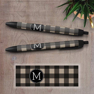Rustic Linen Black Buffalo Plaid Pattern Monogram Black Ink Pen