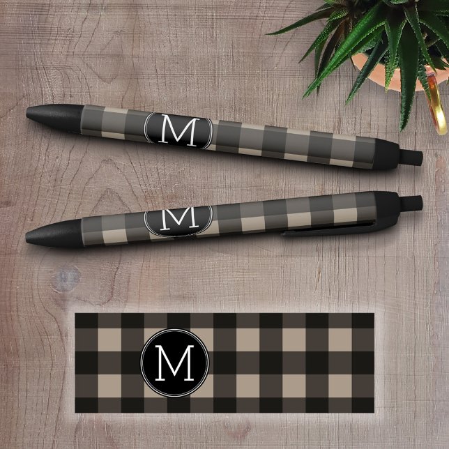 Rustic Linen Black Buffalo Plaid Pattern Monogram Black Ink Pen (Personalized Writing Pens)