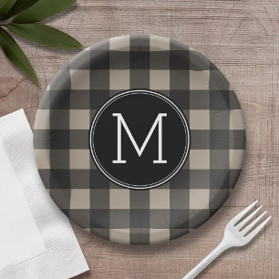 Rustic Linen Black Buffalo Plaid Pattern Monogram Paper Plate