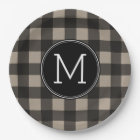 Rustic Linen Black Buffalo Plaid Pattern Monogram