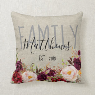 Rustic Linen Burgundy Floral Family Name Keepsake Throw Pillow