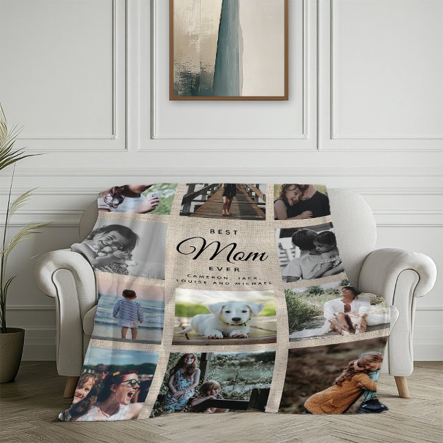 Rustic Linen Chic Best Mom Ever Cute Photo Collage Fleece Blanket (Creator Uploaded)