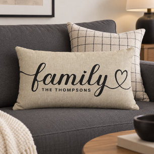 Rustic Linen Family Heart Script Monogram Lumbar Pillow