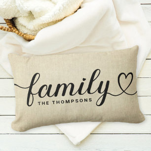 Rustic Linen Family Heart Script Monogram Lumbar Pillow