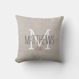 Rustic Linen Family Monogram Throw Pillow