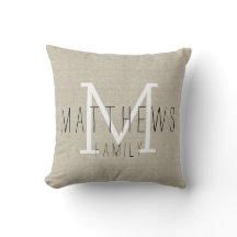 Rustic Linen Family Monogram Throw Pillow
