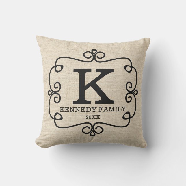 Rustic Linen Family Name Monogrammed Throw Pillow (Front)