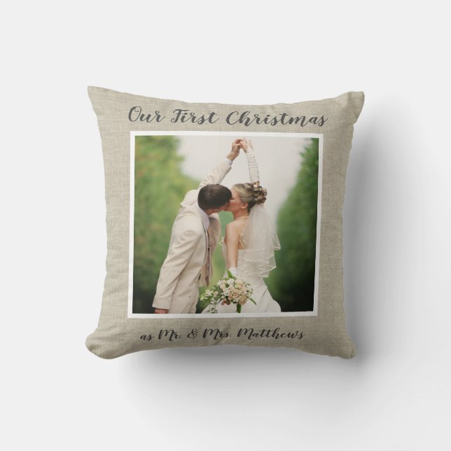 Rustic Linen First Christmas Newlyweds Photo Throw Pillow (Front)