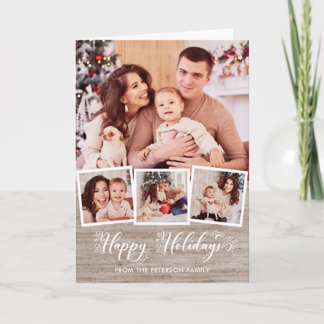Rustic Linen & Happy Holidays Script 4-Photo  Holiday Card (Front)
