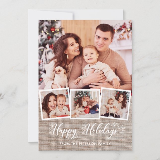 Rustic Linen & Happy Holidays Script 4-Photo  Holiday Card (Front)