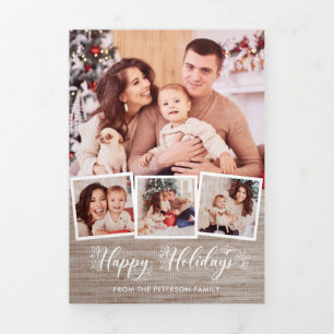 Rustic Linen & Happy Holidays Script Multiphoto Tri-Fold Card
