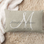 Rustic Linen Look with White Monogram Lumbar Pillow<br><div class="desc">Personalized wedding gift for newlyweds.Rustic printed linen look and white monogram initial pillow with bride and groom names and wedding date in a script font overlay design on a PRINTED beige linen photo effect background. Elke Clarke© for MonogramGallery at Zazzle. Makes a great gift for newly weds. Great trendy, elegant...</div>