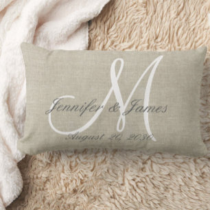 Rustic Linen Look with White Monogram Lumbar Pillow