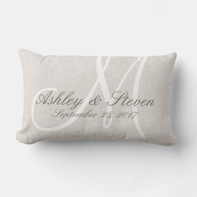 Rustic Linen Look with White Monogram Lumbar Pillow (Front)