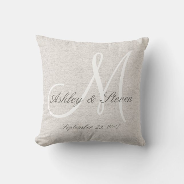 Rustic Linen Look with White Monogram Throw Pillow (Front)
