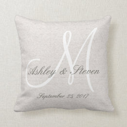 Rustic Linen Look with White Monogram Throw Pillow