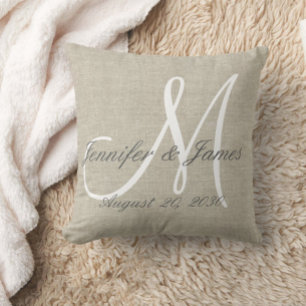 Rustic Linen Look with White Monogram Wedding Throw Pillow