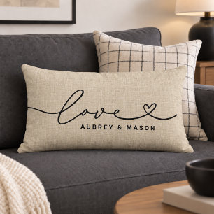 Rustic Linen Love Heart Script Couple Names Lumbar Pillow