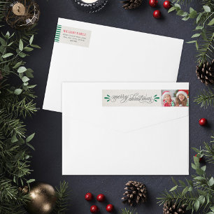 Rustic Linen Merry Christmas Photo Wrap Around Label