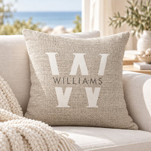 Rustic Linen Modern Family Monogram Simple Trendy Throw Pillow