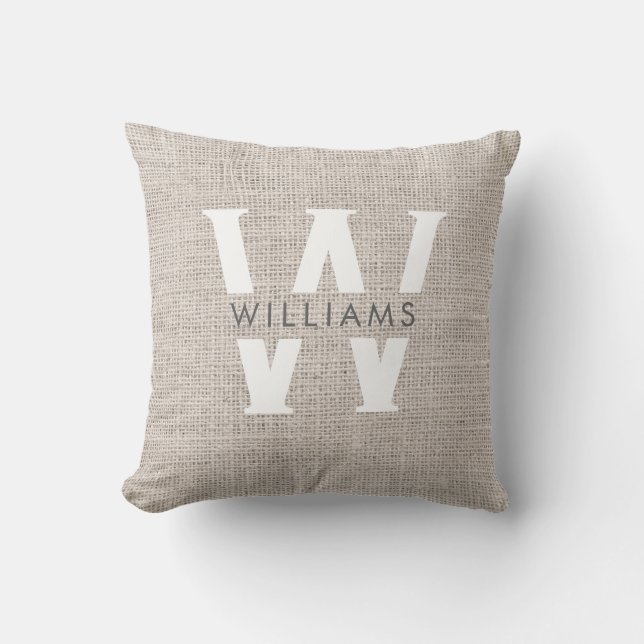 Rustic Linen Modern Family Monogram Simple Trendy Throw Pillow (Front)