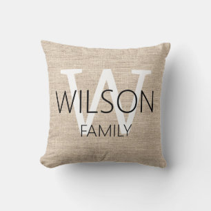 Rustic Linen Monogrammed Family Throw Pillow